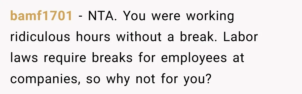 bamf1701 − NTA. You were working ridiculous hours without a break. Labor laws require breaks for employees at companies, so why not for you?