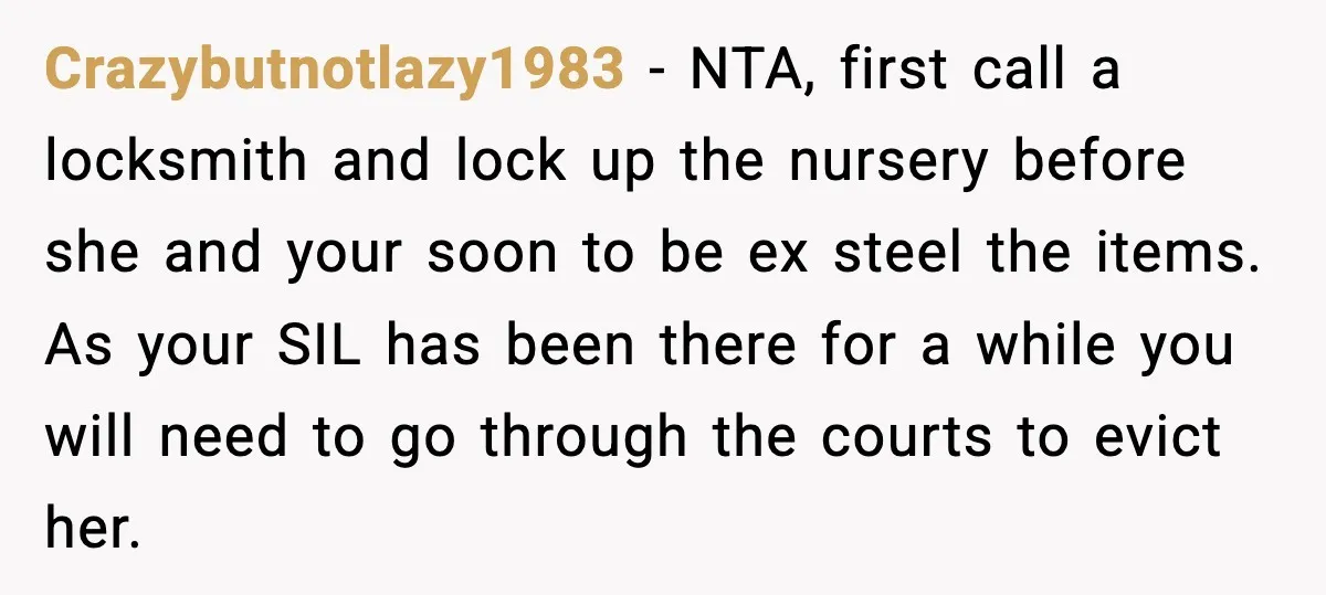Crazybutnotlazy1983 - NTA, first call a locksmith and lock up the nursery before she and your soon to be ex steel the items. As your SIL has been there for...