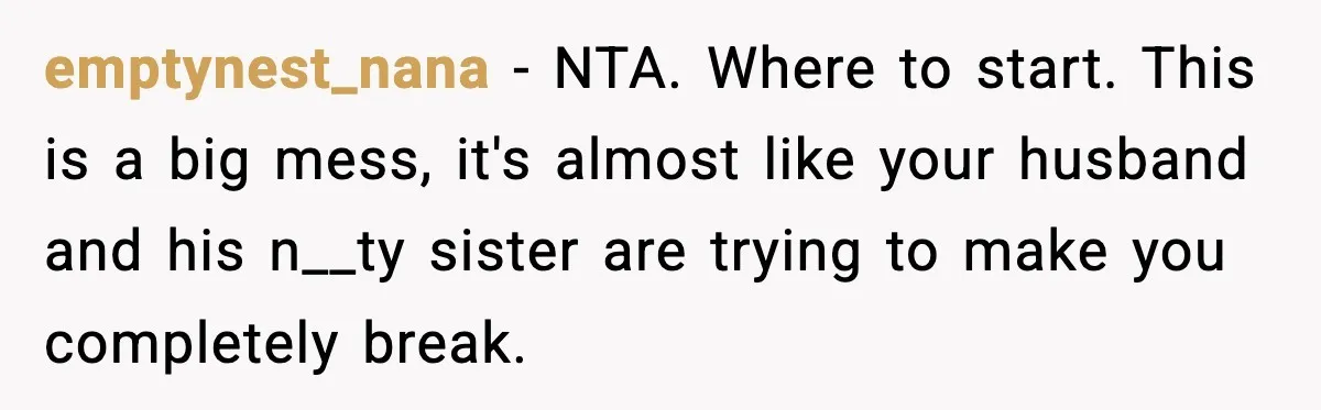 emptynest_nana - NTA. Where to start. This is a big mess, it's almost like your husband and his n__ty sister are trying to make you completely break.
