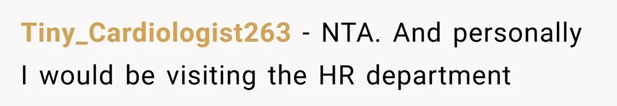 Tiny_Cardiologist263 − NTA. And personally I would be visiting the HR department