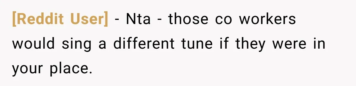 [Reddit User] − Nta - those co workers would sing a different tune if they were in your place.