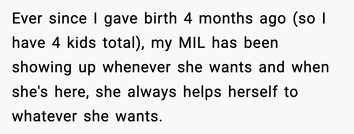 Husband Lets Mom Eat Wife’s Dinner, Then Calls Her “Mental” When She Snaps Ever since I gave birth 4 months ago (so I have 4 kids total), my MIL has been showing up whenever she wants and when she's here, she always helps...