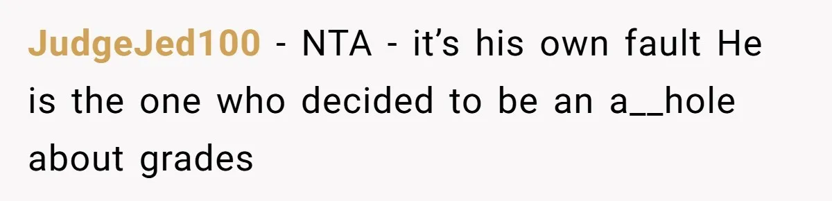 Daughter Tells Family She’s Paying For College Herself Not Dad, He Gets Mad And Calls Her Out JudgeJed100 − NTA - it’s his own fault He is the one who decided to be an a__hole about grades