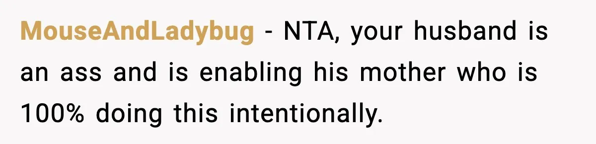 Husband Lets Mom Eat Wife’s Dinner, Then Calls Her “Mental” When She Snaps MouseAndLadybug - NTA, your husband is an ass and is enabling his mother who is 100% doing this intentionally.