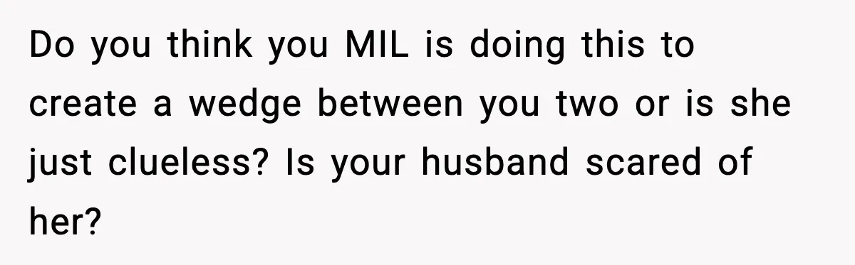 Husband Lets Mom Eat Wife’s Dinner, Then Calls Her “Mental” When She Snaps Do you think you MIL is doing this to create a wedge between you two or is she just clueless? Is your husband scared of her?