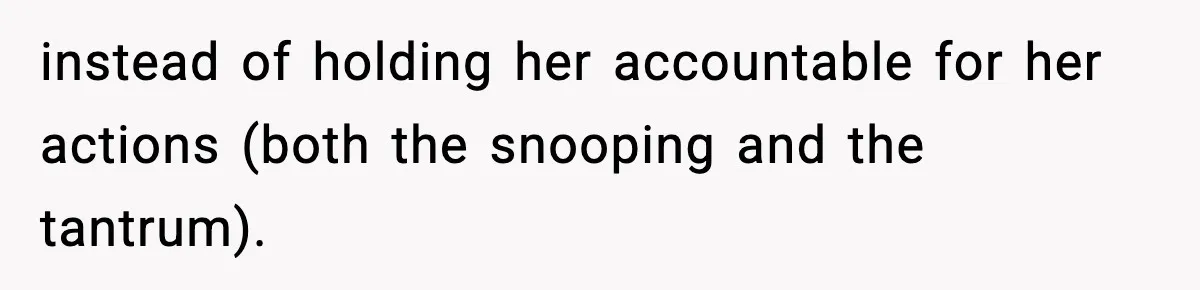 Wife Exposes MIL For Snooping On Christmas Dinner After Giving Her A Fake House Key instead of holding her accountable for her actions (both the snooping and the tantrum).