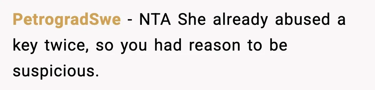 Wife Exposes MIL For Snooping On Christmas Dinner After Giving Her A Fake House Key PetrogradSwe − NTA She already abused a key twice, so you had reason to be suspicious.
