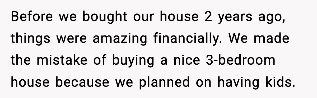 Before we bought our house 2 years ago, things were amazing financially. We made the mistake of buying a nice 3-bedroom house because we planned on having kids.