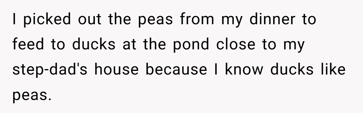 I picked out the peas from my dinner to feed to ducks at the pond close to my step-dad's house because I know ducks like peas.