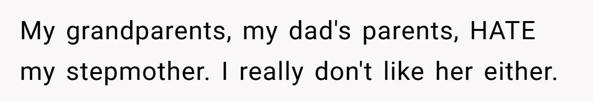 My grandparents, my dad's parents, HATE my stepmother. I really don't like her either.