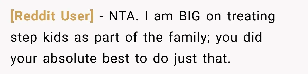 [Reddit User] − NTA. I am BIG on treating step kids as part of the family; you did your absolute best to do just that.