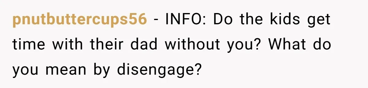 pnutbuttercups56 − INFO: Do the kids get time with their dad without you? What do you mean by disengage?
