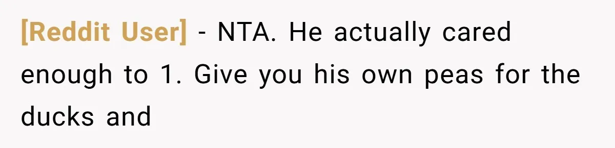 [Reddit User] − NTA. He actually cared enough to 1. Give you his own peas for the ducks and
