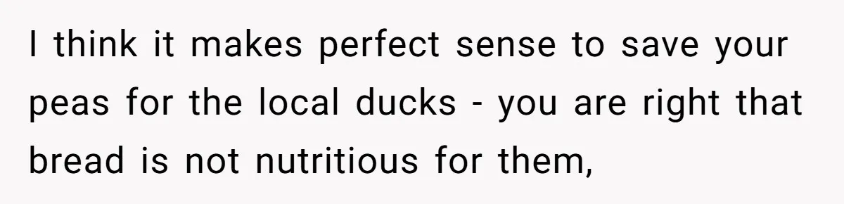 I think it makes perfect sense to save your peas for the local ducks - you are right that bread is not nutritious for them,