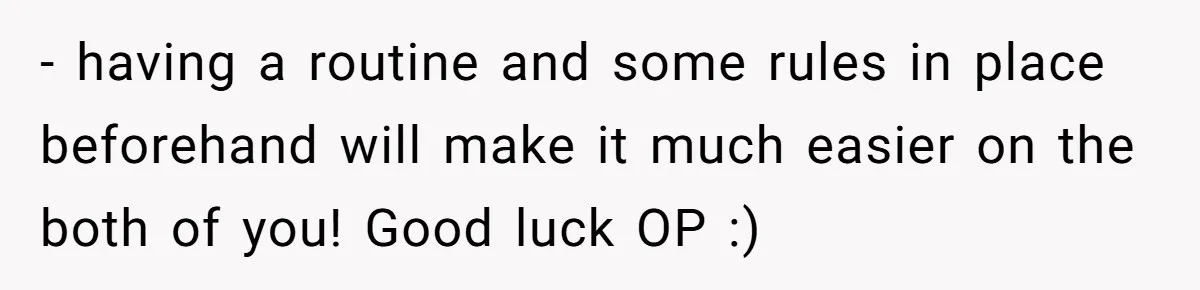 - having a routine and some rules in place beforehand will make it much easier on the both of you! Good luck OP :)