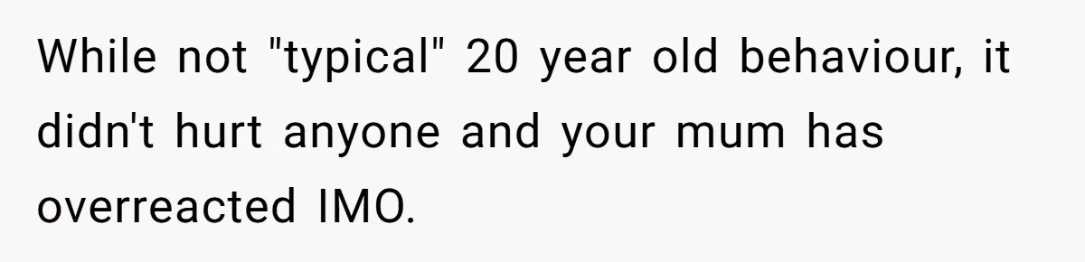 While not "typical" 20 year old behaviour, it didn't hurt anyone and your mum has overreacted IMO.