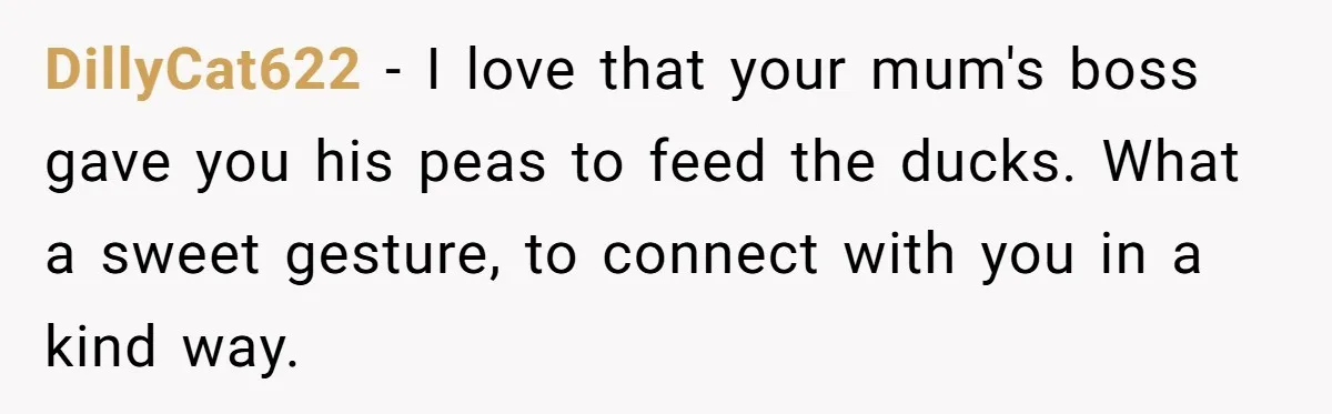 DillyCat622 − I love that your mum's boss gave you his peas to feed the ducks. What a sweet gesture, to connect with you in a kind way.