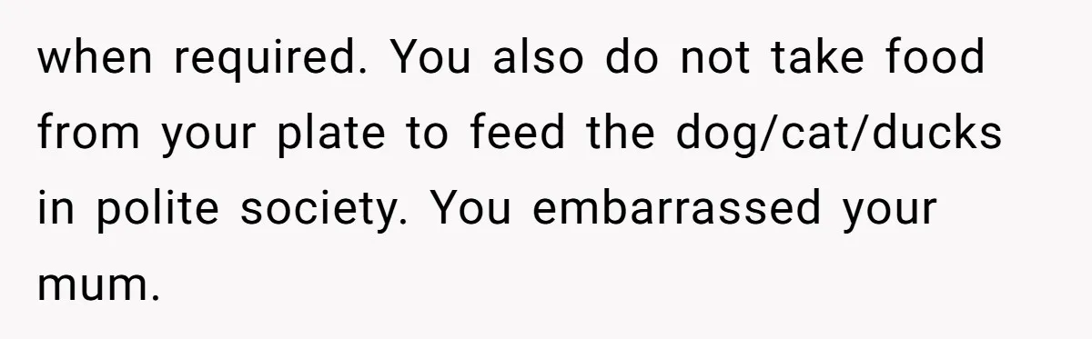when required. You also do not take food from your plate to feed the dog/cat/ducks in polite society. You embarrassed your mum.