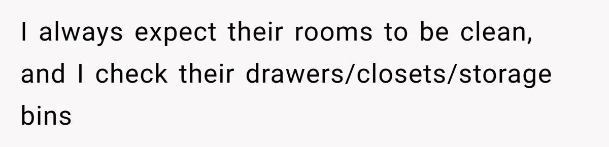 I always expect their rooms to be clean, and I check their drawers/closets/storage bins