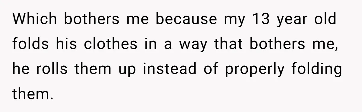 Which bothers me because my 13 year old folds his clothes in a way that bothers me, he rolls them up instead of properly folding them.