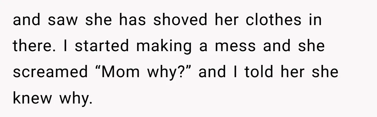 and saw she has shoved her clothes in there. I started making a mess and she screamed “Mom why?” and I told her she knew why.