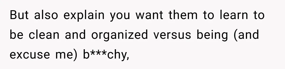But also explain you want them to learn to be clean and organized versus being (and excuse me) b***chy,