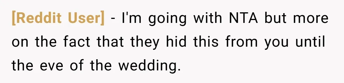 [Reddit User] − I'm going with NTA but more on the fact that they hid this from you until the eve of the wedding.