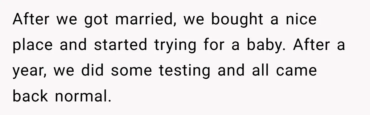 After we got married, we bought a nice place and started trying for a baby. After a year, we did some testing and all came back normal.
