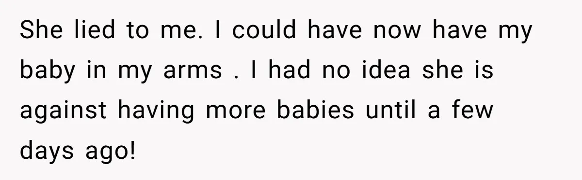 She lied to me. I could have now have my baby in my arms . I had no idea she is against having more babies until a few days ago!