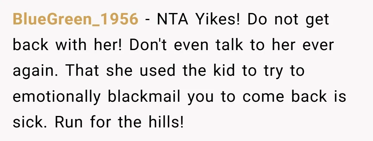BlueGreen_1956 − NTA Yikes! Do not get back with her! Don't even talk to her ever again. That she used the kid to try to emotionally blackmail you to come...