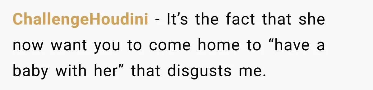 ChallengeHoudini − It’s the fact that she now want you to come home to “have a baby with her” that disgusts me.