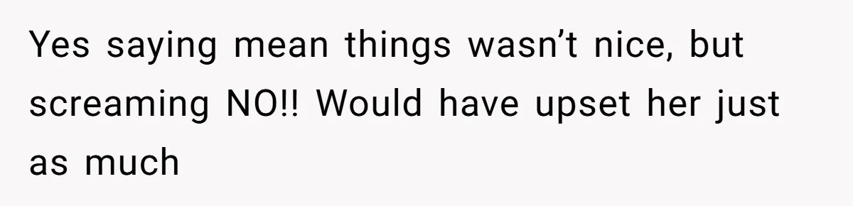 Yes saying mean things wasn’t nice, but screaming NO!! Would have upset her just as much