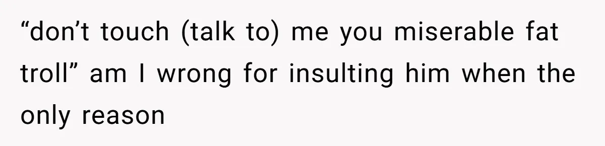 “don’t touch (talk to) me you miserable fat troll” am I wrong for insulting him when the only reason