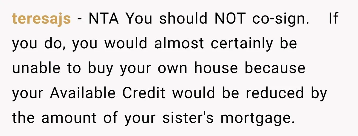 teresajs − NTA You should NOT co-sign. If you do, you would almost certainly be unable to buy your own house because your Available Credit would be reduced by the...