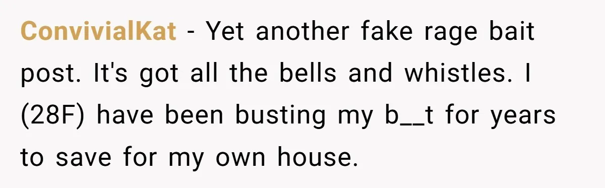 ConvivialKat − Yet another fake rage bait post. It's got all the bells and whistles. I (28F) have been busting my b__t for years to save for my own house.