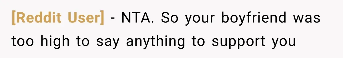 [Reddit User] − NTA. So your boyfriend was too high to say anything to support you