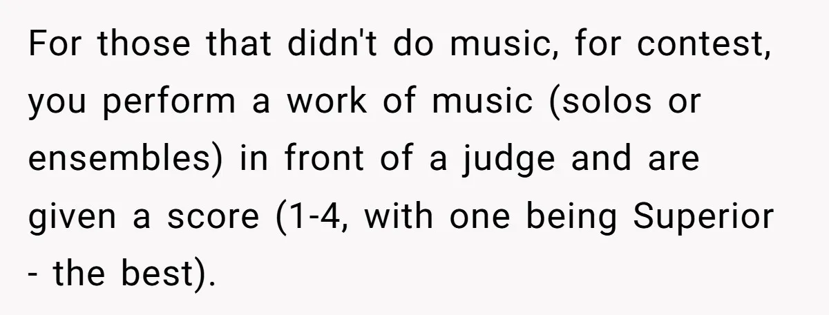 Colorblind Teen Turns Teacher's Dismissal Of "Uninspired" Art Into National Win, Humiliating Him For those that didn't do music, for contest, you perform a work of music (solos or ensembles) in front of a judge and are given a score (1-4, with one...