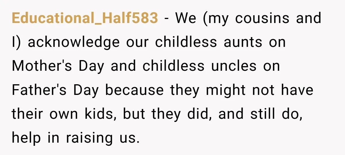 Educational_Half583 − We (my cousins and I) acknowledge our childless aunts on Mother's Day and childless uncles on Father's Day because they might not have their own kids, but they...