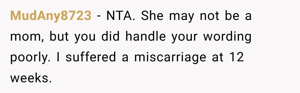 MudAny8723 − NTA. She may not be a mom, but you did handle your wording poorly. I suffered a miscarriage at 12 weeks.