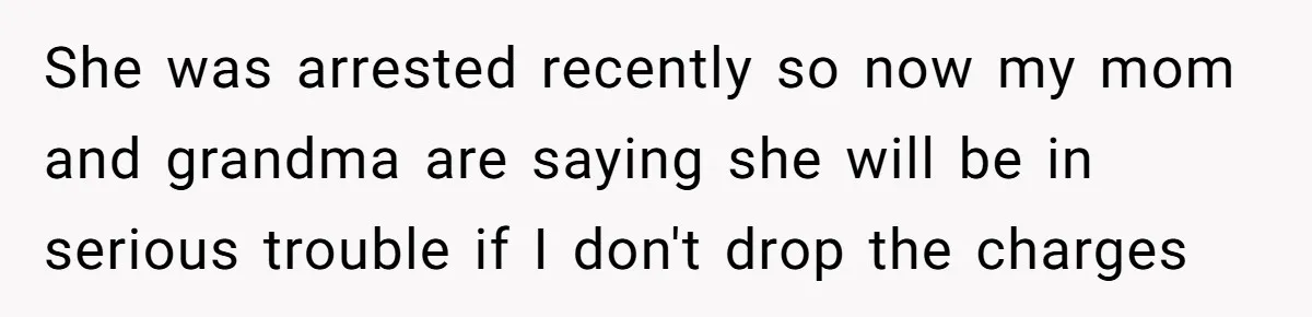 Sister Steals $3,500 From Sibling's College Grant, And The Family Wants To “Just Let It Go” She was arrested recently so now my mom and grandma are saying she will be in serious trouble if I don't drop the charges