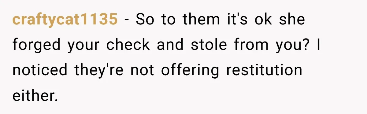 Sister Steals $3,500 From Sibling's College Grant, And The Family Wants To “Just Let It Go” craftycat1135 − So to them it's ok she forged your check and stole from you? I noticed they're not offering restitution either.