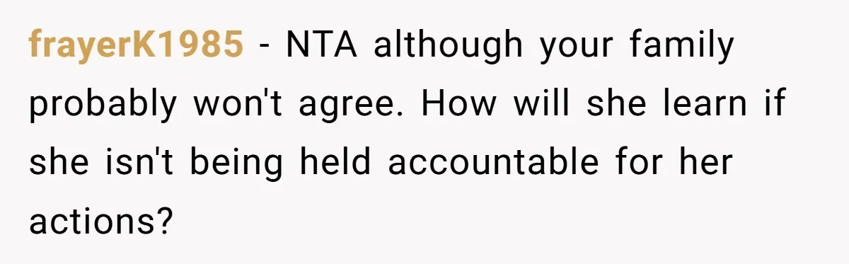Sister Steals $3,500 From Sibling's College Grant, And The Family Wants To “Just Let It Go” frayerK1985 − NTA although your family probably won't agree. How will she learn if she isn't being held accountable for her actions?