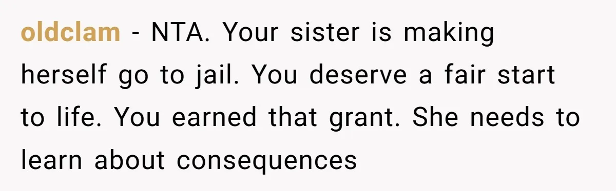 Sister Steals $3,500 From Sibling's College Grant, And The Family Wants To “Just Let It Go” oldclam − NTA. Your sister is making herself go to jail. You deserve a fair start to life. You earned that grant. She needs to learn about consequences