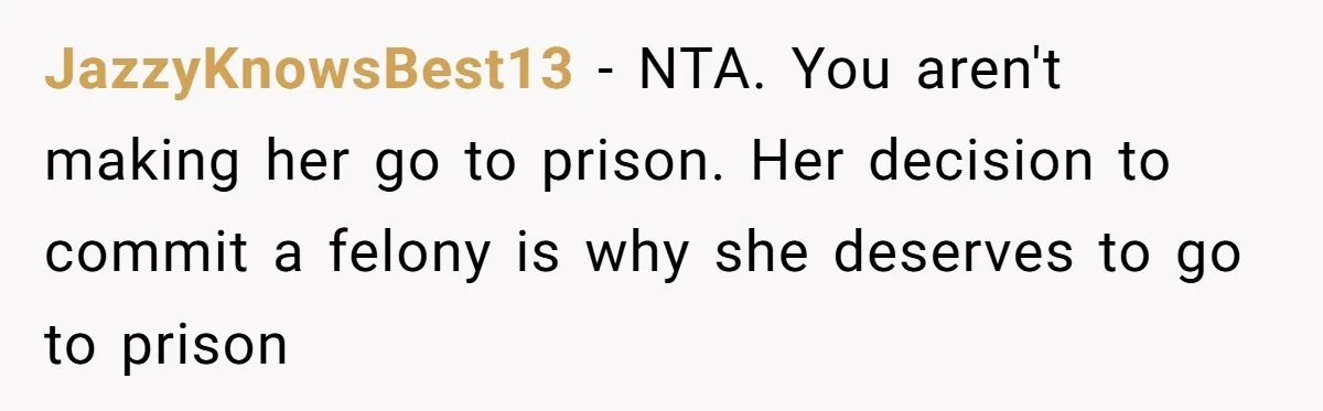 Sister Steals $3,500 From Sibling's College Grant, And The Family Wants To “Just Let It Go” JazzyKnowsBest13 − NTA. You aren't making her go to prison. Her decision to commit a felony is why she deserves to go to prison