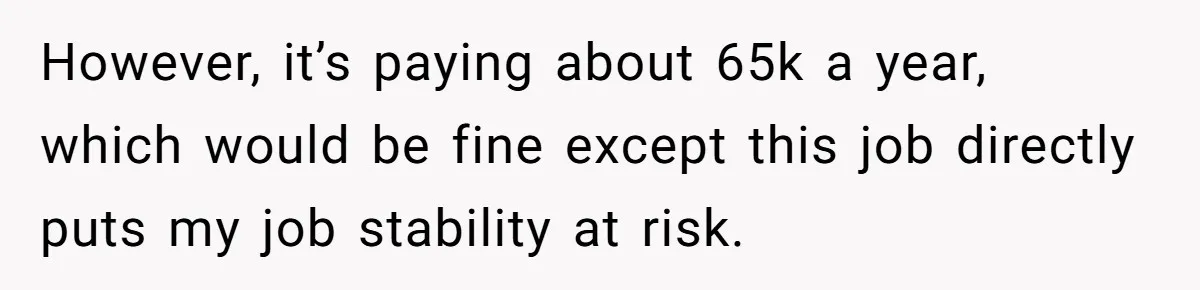 However, it’s paying about 65k a year, which would be fine except this job directly puts my job stability at risk.