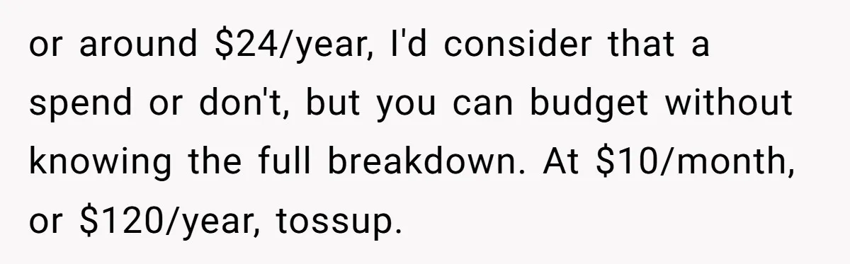 or around $24/year, I'd consider that a spend or don't, but you can budget without knowing the full breakdown. At $10/month, or $120/year, tossup.