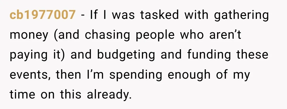 cb1977007 − If I was tasked with gathering money (and chasing people who aren’t paying it) and budgeting and funding these events, then I’m spending enough of my time on...