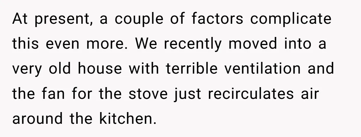 At present, a couple of factors complicate this even more. We recently moved into a very old house with terrible ventilation and the fan for the stove just recirculates air...