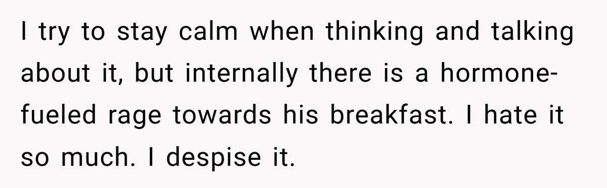 I try to stay calm when thinking and talking about it, but internally there is a hormone-fueled rage towards his breakfast. I hate it so much. I despise it.