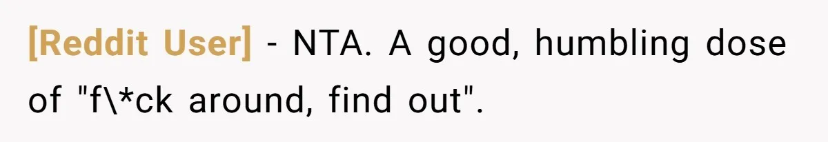 [Reddit User] − NTA. A good, humbling dose of "f\*ck around, find out".